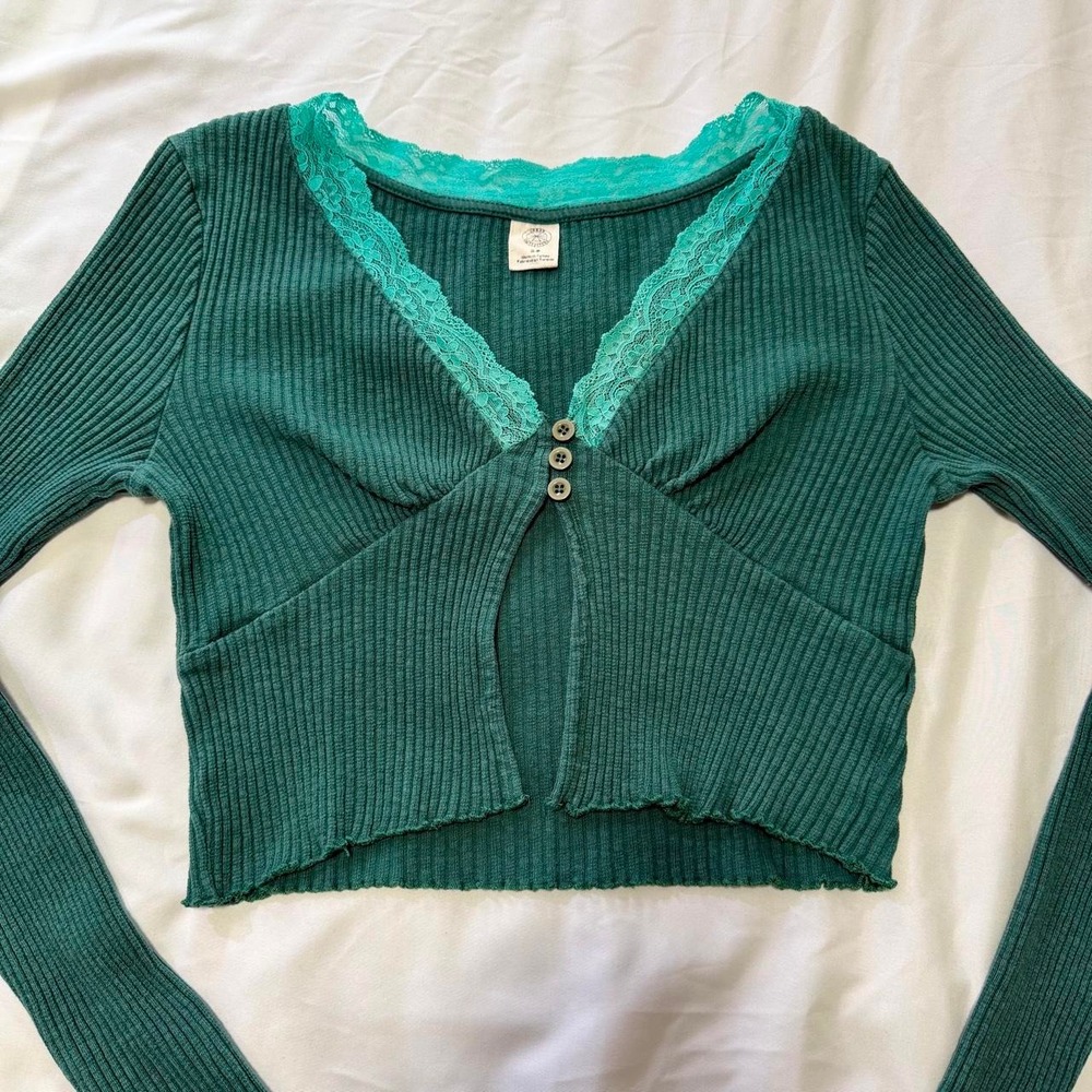 Urban Outfitters Ribbed Lace Trim Crop Top Forest Green